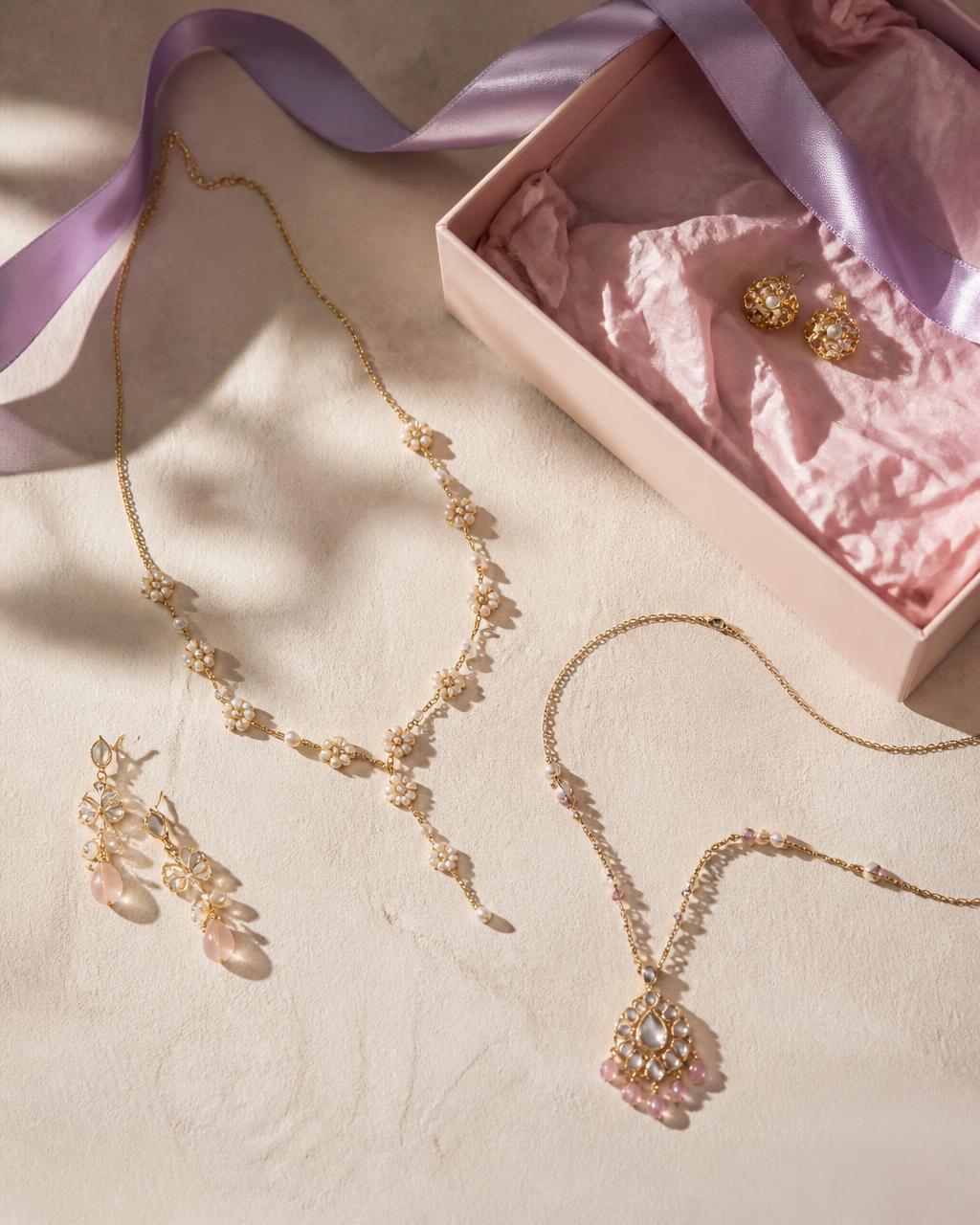 Trendyfind jewellery and blush gift box with lavender ribbon